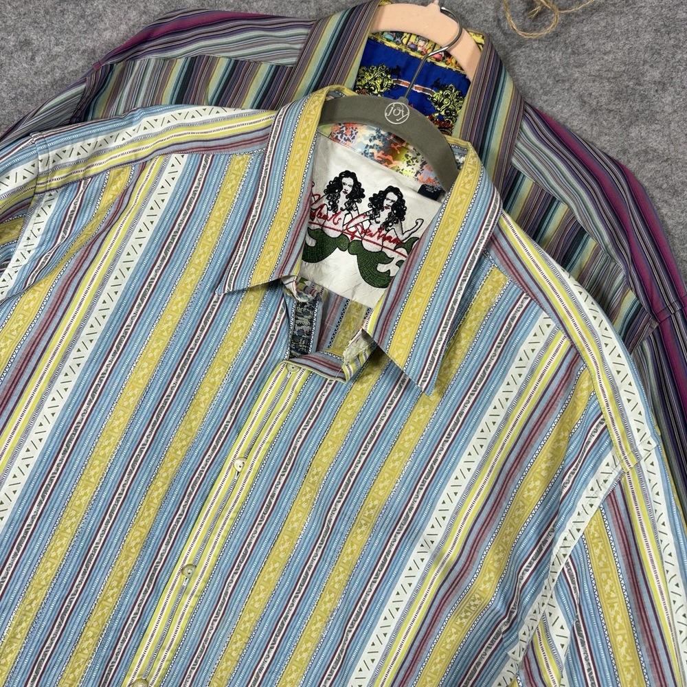 Robert Graham Shirt Men 2XL Multicolor Striped Embroidered Flip Cuff-BUNDLE OF 2